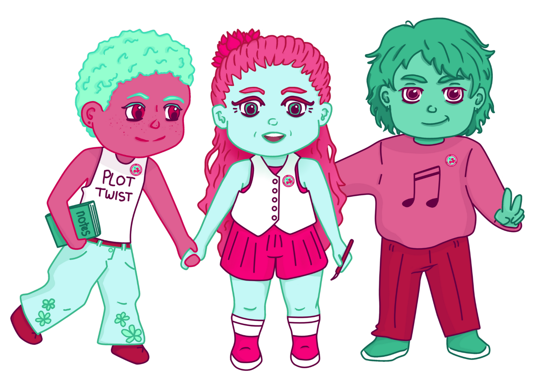 Kezia Michela D., DEC Mascots, February 2024, Digital illustration: Robin; enthusiastic writer and theatre kid; Wren; bubbly multi-disciplinary visual artist; Avery; super smug musician and composer.