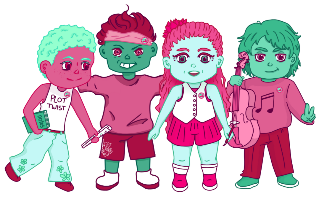 Kezia Michela, DEC Mascots, Feb. 2024 - Dec. 25, Digital illustration: Robin; enthusiastic writer/theatre kid; Wren; bubbly multi-disciplinary visual artist; Avery; super smug musician/composer; Raven; energetic and dedicated dancer/street artist.
