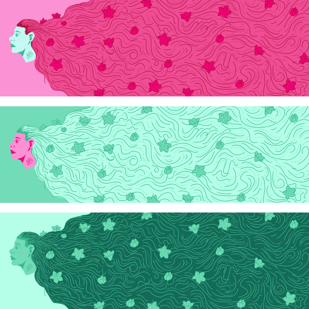 Kezia Michela D., Floral Flow, February 2024, Digital illustration: I wanted Darwin Emerging Creatives’ banner to be organic and continuous and to link to the kurrajong flowers in the logo. And this is how our first mascot, Wren, was created.